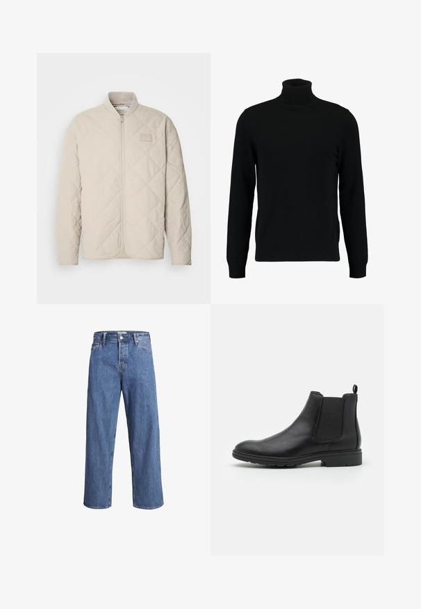 Hellbeige gesteppte Jacke mit Stehkragen, durchgehendem Reißverschluss und dezentem Logo-Patch auf der Brust. Glatte Textur und elegantes Design.; Schwarzer Rollkragenpullover aus weichem Strickmaterial. Mit langen Ärmeln, geripptem Kragen und Saum. Schlichtes, elegantes Design ohne Muster.; Hellblaue Denim-Jeans mit geradem Bein, hohem Bund und minimalen Nähdetails. Der Stoff hat eine weiche, leicht ausgewaschene Textur.; Schwarze Leder Chelsea-Stiefel mit elastischen Seiteneinsätzen und einer Ziehschlaufe, runder Zehenform und strukturiertem Gummisohle.