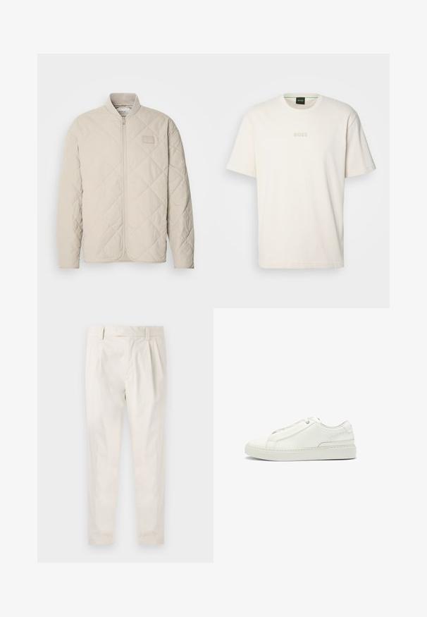 Vaalean beige, tikattu takki, jossa on pystykaulus, täysi etuvetoketju ja hillitty logopainatus rinnassa. Sileä pinta ja virtaviivainen muotoilu.; BOSS TEE - T-paita - open white; Valkoiset, laskostetut housut, joissa on räätälöity istuvuus. Housut ovat sileäpintaiset, niissä on vyölenkit ja kapenevat lahkeet. Ei näkyviä taskuja tai kuvioita.; Valkoinen nahkakenkä, jossa on teksturoitu yläosa, pyöreä kärki, minimalistinen muotoilu ja kumipohja, jossa on ommeltu yksityiskohta.