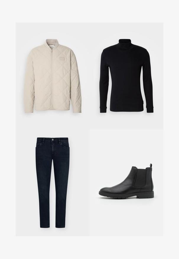 Lys beige quiltet jakke med ståkrave, fuld frontlynlås og subtilt logo-patch på brystet. Glat overflade og strømlinet design.; Sort langærmet turtleneck-trøje lavet af blødt stof. Har et tætsiddende design med ribbede manchetter og en glat overflade. Ingen mønstre eller logoer.; Mørkeblå denimjeans med slim fit, fem lommer, knaplukning og minimal fading. Flad front og smalle benåbninger.; Sort læder Chelsea-boot med elastiske sidepaneler og en løftestrop, der har en rund tå og en tekstureret gummisål.