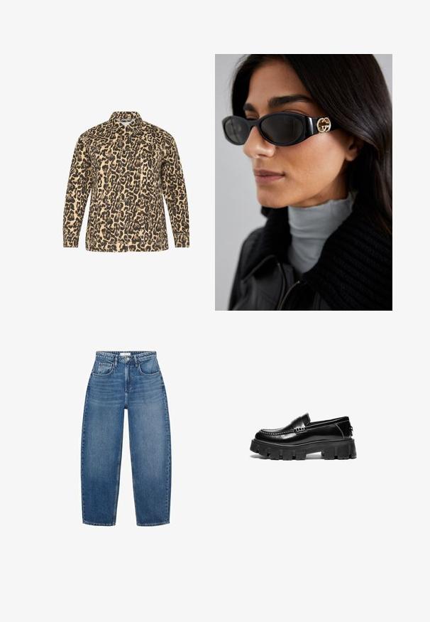 Leopardenmusterjacke in Beige und Schwarz. Knopfverschluss vorne, lange Ärmel, zwei Brusttaschen und klassischer Kragen. Strukturierter Stoff.; Weißes Hemd mit Knopfleiste, spitzen Kragen, langen Ärmeln und kleinem blauen Logo auf der linken Brust. Aus Baumwollstoff gefertigt.; Hochgeschnittene blaue Jeans aus Denim mit geradem Schnitt, ausgestattet mit fünf Taschen, Gürtelschlaufen und subtiler Ausbleichung für zusätzliche Textur.; Schwarze Lederloafer mit dicker Gummisohle, dekorativem Riemen über dem Obermaterial und kontrastierenden weißen Nähten. Glatte Textur mit abgerundeter Zehenpartie.; Schwarze Sonnenbrille mit einem schlanken rechteckigen Rahmen und einem goldenen Logo-Akzent an der Seite. Dunkle Gläser und glänzende Oberfläche sind auffällig.