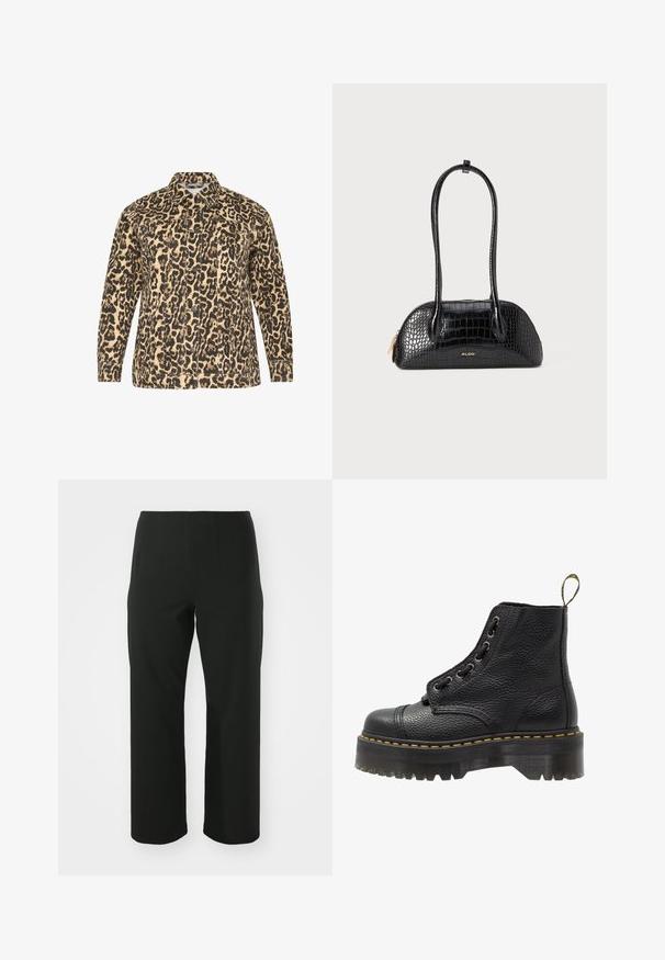 Giacca in stampa leopardata beige e nera. Chiusura con bottoni, maniche lunghe, due tasche sul petto e colletto classico. Tessuto testurizzato.; Top nero con maniche lunghe in pizzo, caratterizzato da un corpo interamente nero e dettagli in pizzo floreale. Collo tondo con texture liscia.; Vero Moda Curve VMCAUGUSTA PANT - Pantaloni - black; Stivale alla caviglia in pelle nera con superficie testurizzata, punta tonda, design con lacci, cuciture gialle e una suola piatta nera spessa e scanalata.; Borsa nera con motivo coccodrillo, dal texture liscia, forma arrotondata e due manici sottili. Accento del logo dorato vicino alla base.; Orecchini a cerchio d'argento, forma rotonda, superficie metallica liscia, senza ornamenti visibili, design leggero, spessore uniforme.