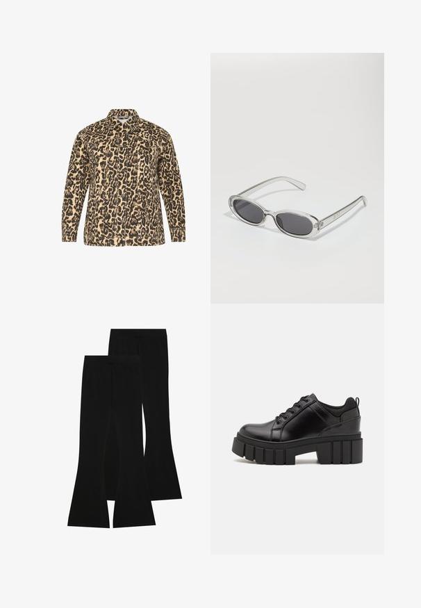 Jakna v leopardjem vzorcu v bež in črni barvi. Zapiranje na gumbe spredaj, dolgi rokavi, dva žepa na prsih in klasičen ovratnik. Teksturirana tkanina.; Črno-beli dolg rokav t-shirti z okroglimi izrezi, mehkim blagom in prilegajočim dizajnom z ravnimi robovi.; Črne razširjene hlače iz elastičnega materiala, z visokim pasom in gladko teksturo, prilegajočega dizajna, ki se razširijo od kolena naprej.; Črne usnjene platforme z debelim blokastim petam, okroglo konico in klasičnim vezanjem. Imajo gladko teksturo in minimalne podrobnosti.; Sončna očala ovalne oblike, prozoren plastičen okvir, temno sivi leči in tanke prozorne roke z logotipnimi akcenti in minimalnimi detajli.; Črna usnjena torba s svilnato teksturo, pravokotne oblike in dvema dolgima ročajema. Brez vidnih metalnih delov ali okrasnih elementov.