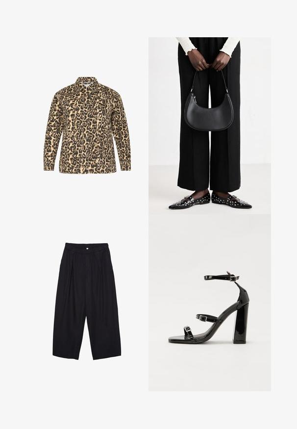 Béžová a černá bunda se zvířecím vzorem. Zapínání na knoflíky, dlouhé rukávy, dvě náprsní kapsy a klasický límec. Texturovaná tkanina.; Souprava dvou dlouhých rukávů v bílé a černé barvě. Hladká textura, kulatý výstřih, upnutý střih s mírně rozšířenými rukávy.; Černé polyesterové culotte kalhoty s elastickým pasem, dvěma předními sklady a volným siluetou. Žádné viditelné vzory ani kovové detaily.; Černé lakované sandály na podpatku se čtveratou špičkou, lýtkovými pásky a stříbrnými přezkami. Disponují masivním blokovým podpatkem pro stabilitu.; Černá kožená kabelka přes rameno s kulatým tvarem, lesklým povrchem a stříbrnými kovovými prvky. Osoba v černých širokých kalhotách a s ozdobenými mokasíny.