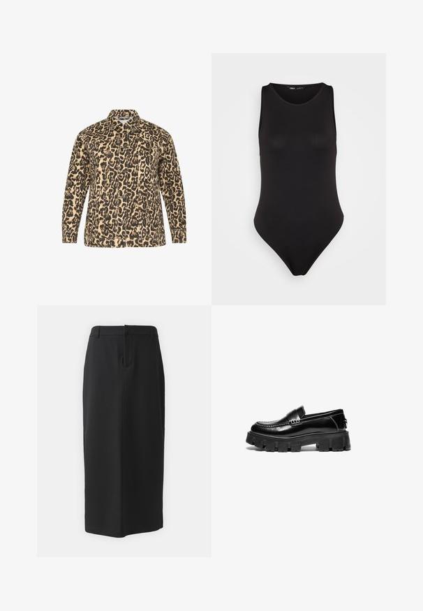 Giacca in stampa leopardata beige e nera. Chiusura con bottoni, maniche lunghe, due tasche sul petto e colletto classico. Tessuto testurizzato.; Body senza maniche nero realizzato in un tessuto liscio e elastico con un design aderente, caratterizzato da una gamba alta e uno stile minimalista.; Gonna a tubino nera, lunghezza al ginocchio, realizzata in tessuto liscio. Caratterizzata da uno spacco sul retro e tasche laterali, con un design semplice e un colore neutro.; Mocassini in pelle nera con suola in gomma spessa, fascia decorativa sulla parte superiore e cuciture bianche a contrasto. Texture liscia con punta arrotondata.