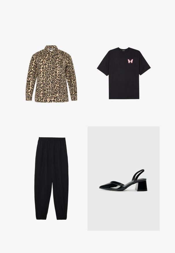 Kurtka w panterkę w kolorze beżowym i czarnym. Zapięcie na guziki, długie rękawy, dwie kieszenie na piersi oraz klasyczny kołnierzyk. Teksturowana tkanina.; Czarny bawełniany t-shirt z krótkim rękawem, z małym różowym motylkiem na lewej piersi. Klasyczny dekolt z luźnym fasonem.; Czarne, lekkie spodnie z elastycznym pasem i ściągaczami na kostkach. Materiał jest gładki i ma luźny, zwężany krój.; Czarne lakierowane półbuty na obcasie z wydłużonym noskiem i geometrycznym słupkiem. Charakteryzują się eleganckim, minimalistycznym designem oraz gładką fakturą.