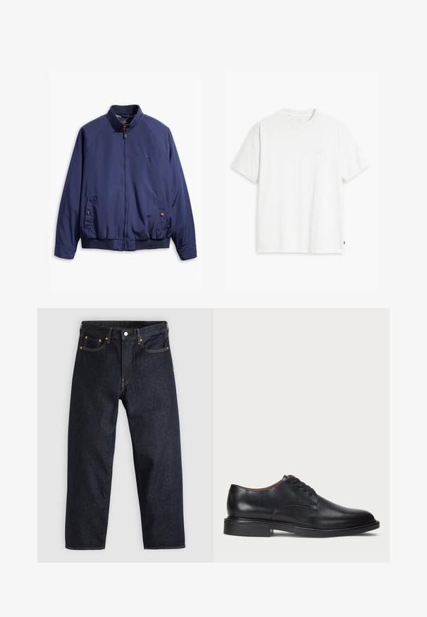 Giacca blu navy con zip frontale, colletto rialzato e polsini elastici. Presenta due tasche laterali con chiusura a bottone e foderatura a quadretti.; T-shirt bianca in cotone con maniche corte, colletto tondo e logo Levi's discreto stampato al centro. Texture morbida e vestibilità standard.; Jeans in denim blu scuro con taglio dritto, cinque tasche, cuciture arancioni a contrasto e chiusura con bottone. Nessun motivo o decorazione visibile.; Scarpa da uomo in pelle nera con punta rotonda, design con lacci e tacco basso impilato. Texture liscia con dettagli di cucitura minimi.