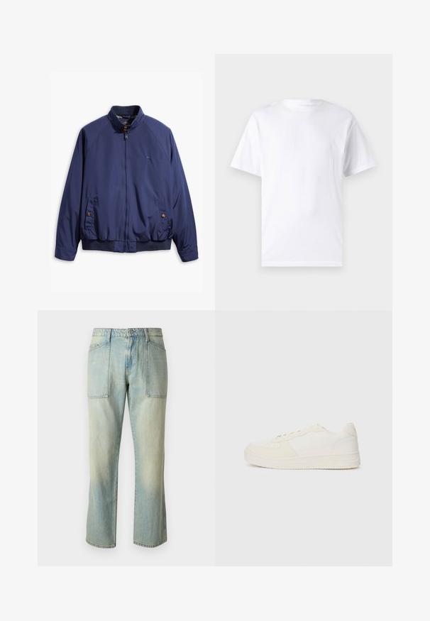 Giacca blu navy con zip frontale, colletto rialzato e polsini elastici. Presenta due tasche laterali con chiusura a bottone e foderatura a quadretti.; T-shirt bianco a maniche corte in cotone con scollo rotondo, caratterizzato da una texture morbida e un design semplice senza motivi o accenti.; Jeans in denim azzurro chiaro con taglio dritto, cuciture visibili e due ampie tasche frontali. Il tessuto ha una texture sbiadita.; Sneaker bianco con tomaia in pelle liscia e dettagli in camoscio. Presenta una punta perforata, lacci piatti e una suola in gomma con dettagli testurizzati.