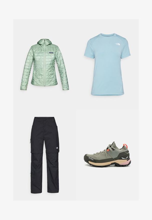 Šviesiai žalia, siuvinėta pūkinė striukė su gobtuvu, priekiniais užtrauktukais ir šoninėmis kišenėmis. Textūrizuotas paviršius su logotipu viršutiniame kairiame krūtinės kampe.; Šviesiai mėlyna trumpomis rankovėmis marškinėlė su apvalia kaklo iškirpte. Pagaminta iš minkštos medžiagos, su raglano rankovėmis ir balta logotipu virš kairiojo krūtinės kampo.; Juodos nailoninės krovinių kelnės su reguliuojamais rankovėmis, daugybe kišenių ir logo ant dešinės kojos. Lygi, lengva tekstūra.; Lengvas žalias žygio batelis, pagamintas iš tinklinės ir gumos medžiagų, su juodu sukibimo padu, rožinėmis ir oranžinėmis akcentais bei sustiprintu bato galiuku.