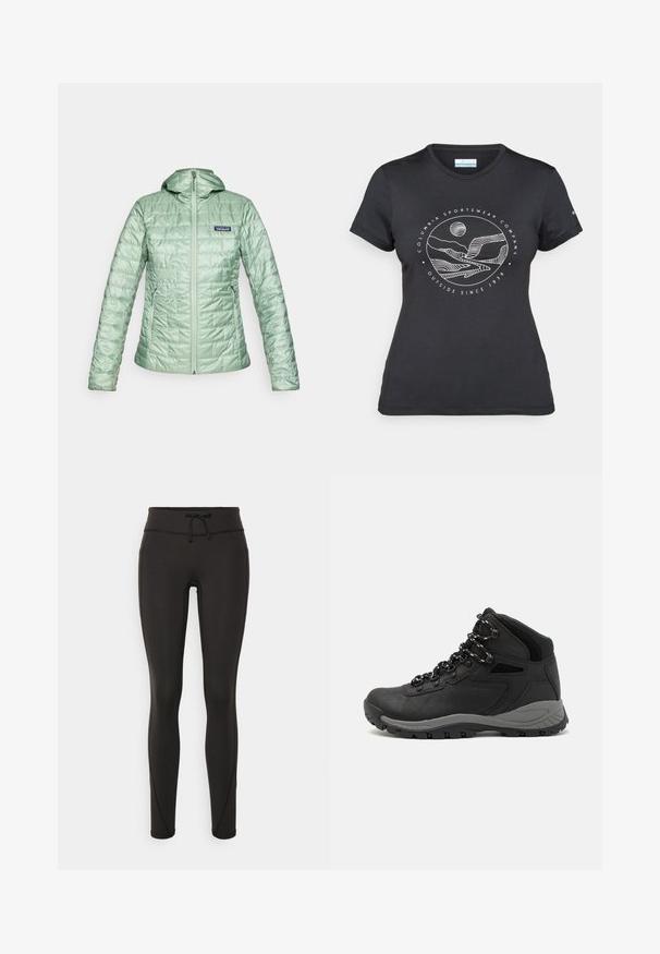Casaco acolchoado em verde claro, com capuz, fecho frontal em zipper e bolsos laterais. Acabamento texturizado com um logótipo no lado superior esquerdo do peito.; T-shirt preto da Columbia com arte em linha branca circular representando montanhas e rios, e o texto "Columbia Sportswear Company Outside Since 1938."; Leggings pretos com uma cintura alta, cordão, textura suave e design ajustado. Apresentam detalhes de costura ao longo das laterais.; Bota de caminhada preta com design de cano médio, apresentando um upper texturizado, detalhes cinzentos e sola de borracha durável com cravos de tração.