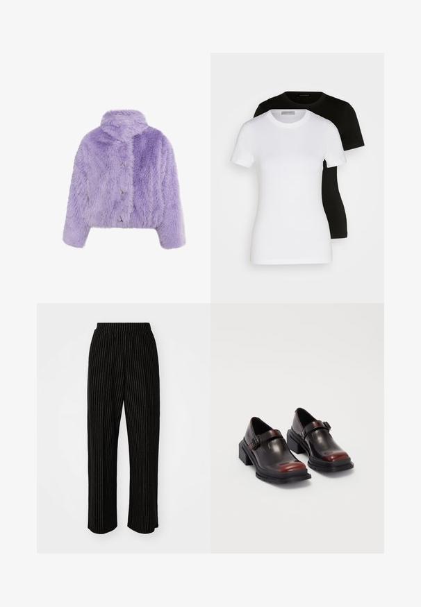 Lilac mākslīgo kažokādu cropped jakas ar augstu apkakli, trim metāla pogām un pārspīlētu tekstūru ar zāģa zobu rakstu.; Divi īsām piedurknēm T-krekli melnā un baltā krāsā. Izgatavoti no gludas kokvilnas, ar klassisku apaļu kakla izgriezumu un regulāru piegriezumu.; Melna, plaša kāju bikses ar baltām vertikālām svītrām, ar elastīgu jostu komfortam un gludu, mīkstu tekstūru.; Ādas blokveida papēžu kurpes ar spīguļojošu tumši sarkanu apdari, aprīkotas ar sprādzi un noapaļotu purngali. Teksturēts zole labākai saķerei.