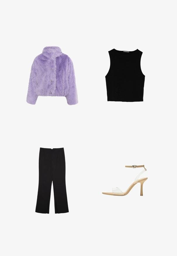 Giacca cropped in pelliccia sintetica lilla con colletto alto, tre bottoni metallici e una texture oversize con motivo a zigzag.; Top corto senza maniche nero realizzato in tessuto liscio, con scollatura rotonda e un design pulito e semplice, privo di pattern o accessori.; Pantaloni neri a gamba dritta, con tasche frontali e spacchi laterali all'orlo. Realizzati in tessuto morbido e liscio. Adatti a diverse occasioni.; Sandal con tacco trasparente e parte superiore trasparente, plantare beige e una sottile cinghia alla caviglia. Presenta una punta appuntita e un tacco alto e sottile.