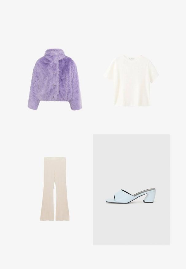 Lila Kunstfell-verkürzte Jacke mit hochgeschlossenem Kragen, drei metallischen Knöpfen und einer übergroßen Struktur mit Zickzackmuster.; Weißes kurzärmliges, geripptes Oberteil mit Rundhalsausschnitt. Weicher Stoff und lässige Passform, einfaches Design ohne zusätzliche Muster.; Cremfarbene, gerippte Schlaghosen mit einem glatten Bund und einer strukturierten Oberfläche, entworfen für einen bequemen Sitz.; Hellblaue offene mules mit Absatz und geometrischem Design, ausgestattet mit einem breiten Riemen über dem Fuß und einem dicken, winkligen Absatz.