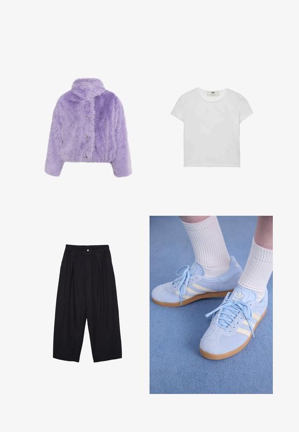 Lila keinotekoisen turkin lyhyt takki, jossa on korkea kaula-aukko, kolme metallista nappia ja ylikokoista rakennetta, jossa on sahalaitakuosi.; Lyhythemmtä, pyöreäkauluksista valkoista t-paitaa, joka on valmistettu pehmeästä puuvillasta. Paidassa on yksinkertainen, selkeä muotoilu ilman näkyviä kuvioita tai korostuksia.; Musta polyesterinen culotte-housut, jossa on joustava vyötärö, kaksi etupleettiä ja löysä siluetti. Ei näkyviä kuvioita tai metallisia yksityiskohtia.; Vaaleansiniset nahkaiset lenkkarit, joissa on valkoiset raidat, litteät nauhat ja kumipohja. Raitalongat valkoiset sukat ovat käytössä nilkan yläpuolella.