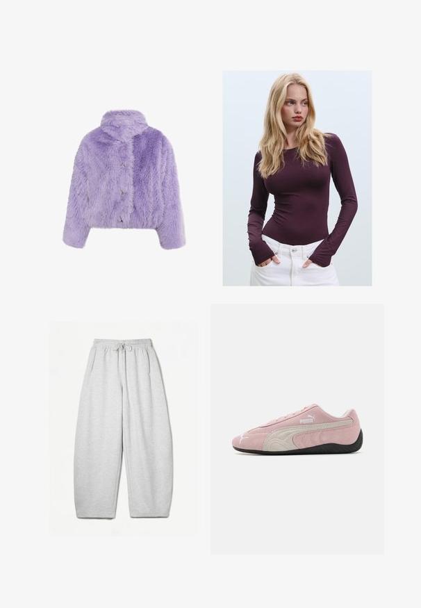 Lila Kunstfell-verkürzte Jacke mit hochgeschlossenem Kragen, drei metallischen Knöpfen und einer übergroßen Struktur mit Zickzackmuster.; Burgunderfarbenes, langärmeliges, tailliertes Oberteil mit Rundhalsausschnitt und Daumenschlitzen, kombiniert mit weißen hochtaillierten Hosen. Glatter Stoff und elastische Textur.; Hellgraue Sweatpants mit entspannter Passform, elastischem Bund, Kordelzug und seitlichen Taschen; aus weichem, strukturiertem Stoff gefertigt.; Rosa Wildledersneaker mit grauen Akzenten, stromlinienförmigem Design, strukturiertem Obermaterial und schwarzer Gummisohle. Mit dem Puma-Logo an der Seite.