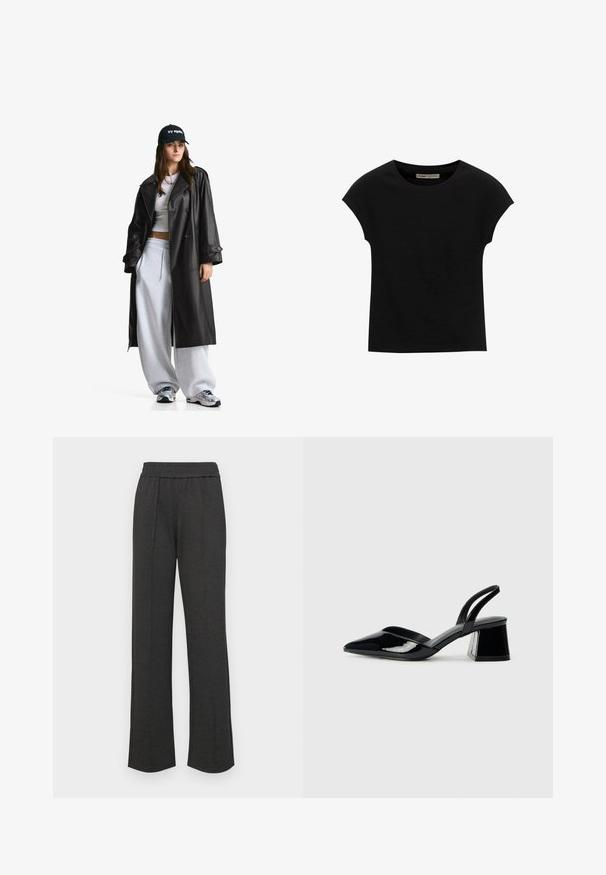 Schwarzer Ledertrenchcoat mit einer doppelt knöpfbaren Vorderseite, großen Revers, Gürtel in der Taille und geknöpften Ärmeln. Glatte Textur.; Schwarzes Kurzarm-T-Shirt aus weichem Stoff, mit Rundhalsausschnitt und lockerer Passform, glatter Textur und ohne Muster.; Schwarze gerade geschnittene Hose mit elastischem Bund, vorderen Falten, weichem Stoff und ohne sichtbare Muster oder Hardware-Details.; Schwarze Lackleder-Slingback-High Heels mit spitzem Schuh und einem geometrischen Blockabsatz. Verfügt über ein schlankes, minimalistisches Design und eine glatte Textur.