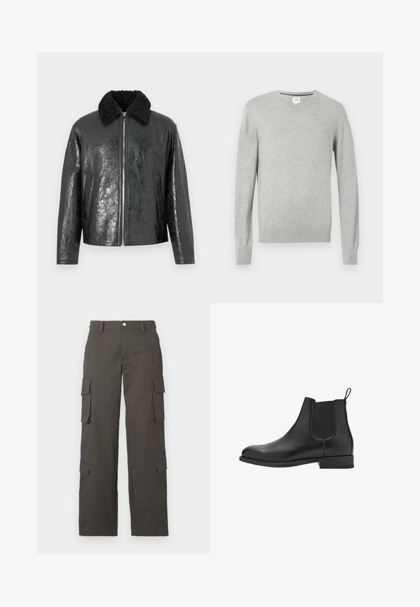 Černá bunda z umělé kůže s lesklým, texturovaným povrchem. Obsahuje černý beránkový límec a přední zipový uzávěr. Součástí jsou dvě boční kapsy.; Svetle šedý svetr, design s výstřihem do V, dlouhé rukávy, žebrované manžety a lem, měkká textura. Značka umístěná na výstřihu.; Bílá bavlněná tričko s kulatým výstřihem, krátkými rukávy a volným střihem. Hladká textura, bez vzorů nebo ozdob.; Tmavě šedé cargo kalhoty rovného střihu s zapínáním na knoflík a čtyřmi klopovými kapsami, dvě na stehnech a dvě poblíž lýtek.; Černé kožené chelsea boty s elastickými bočními panely, kulatou špičkou a nízkým blokovým podpatkem. Hladká textura a čistý, minimalistický design.