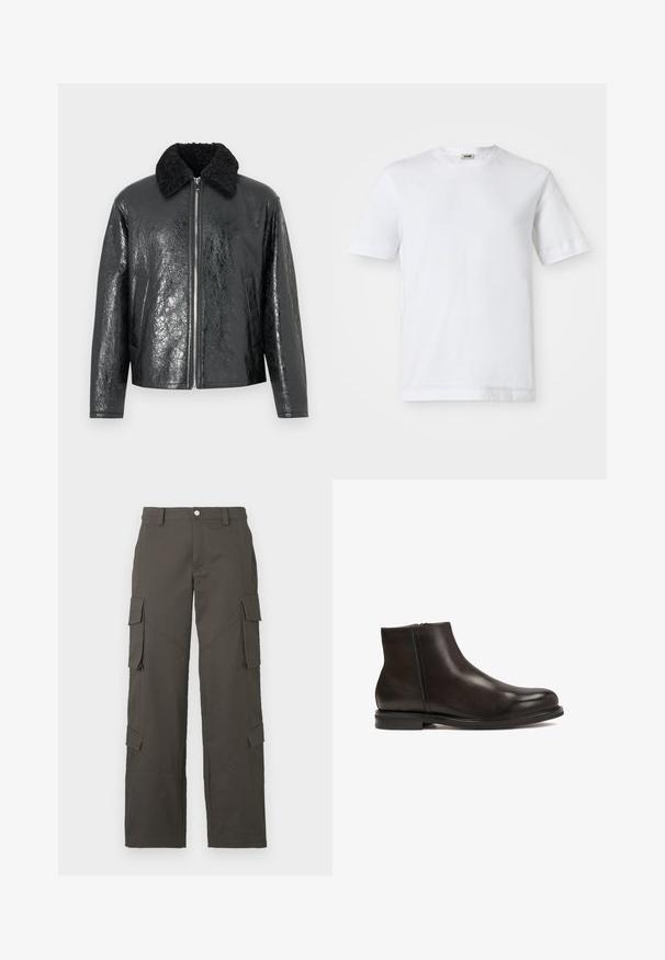 Jachetă din piele ecologică neagră cu un finisaj lucios și texturat. Dispune de un guler din shearling negru și închidere cu fermoar în față. Include două buzunare laterale.; Tricou alb din bumbac, cu mâneci scurte, guler rotund și textură netedă. Nu sunt vizibile modele sau accente.; Pantaloni cargo drepti, de culoare gri închis, cu închidere cu nasture și patru buzunare cu clapetă, două pe coapse și două aproape de gambe.; Botine negre din piele cu o textură netedă, vârf rotund și toc mic. Au un fermoar lateral pentru a fi ușor de purtat.