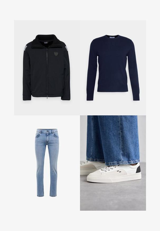 Juodas zip-up džemperis su aukštu apykakle, su skydo logotipu, juostelėmis ant pečių ir šoninėmis kišenėmis. Lygus audinio paviršius.; Tamsiai mėlynas apvalaus kaklo megztinis, pagamintas iš minkštos medžiagos, su ilgomis rankovėmis ir banguota apatine dalimi. Nėra jokių matomų raštų ar papuošimų.; Šviesiai mėlynos džinsinės kelnės su siauromis kojomis, penkiais kišenėmis ir tiesiomis kojomis. Su užtrauktuku ir diržo kilpomis. Švelnus paviršius.; Balti ir balti sportbačiai su lygaus odos paviršiumi, tekstūruotais akcentais ir masyviu baltu padu. Turi klasiką primenančią raištelių užsegimo sistemą.