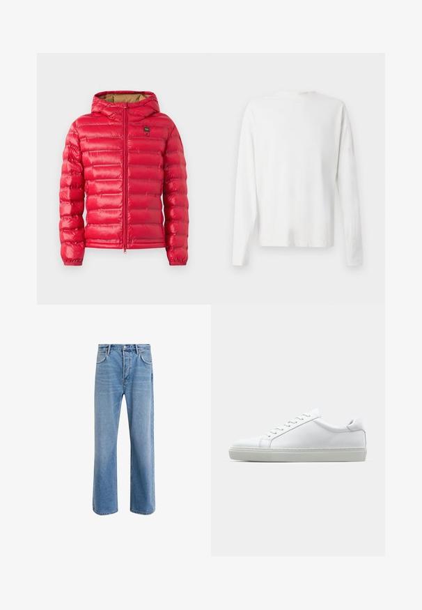 Red puffer jacket with horizontal quilting, front zipper, hood, elastic cuffs, and a small black and yellow logo patch on the chest.; Long-sleeved white cotton shirt with a round neckline, side slits at the bottom, and a smooth texture, displayed from the back.; Light blue denim jeans with a straight-leg design, five pockets, button closure, minimal fading, and contrasting stitching details.; White sneaker with a smooth leather upper and a low profile. Features a rounded toe, six eyelets, and a textured rubber sole.