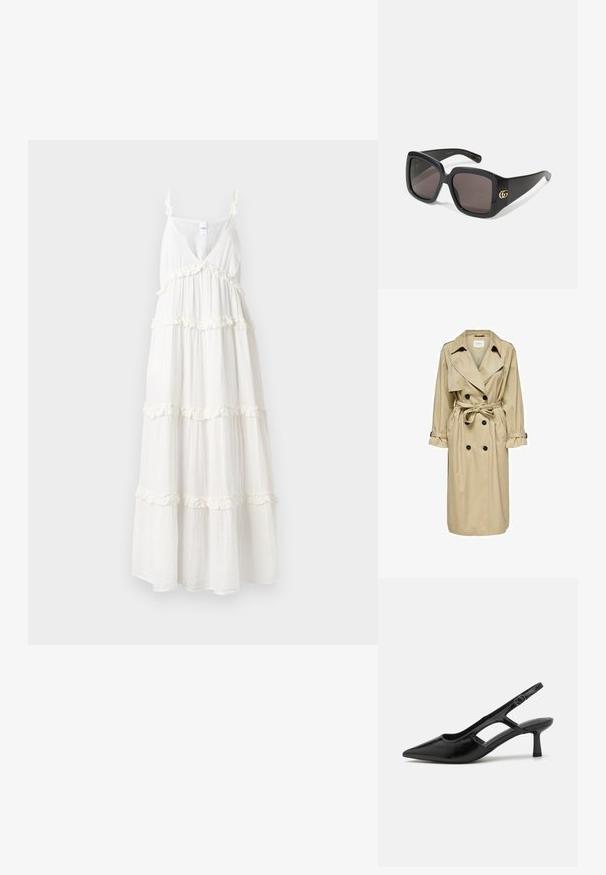 Trench coat bej cu un design cu două rânduri de nasturi, guler mare și curea. Are mâneci lungi cu manșete ajustabile și buzunare laterale.; Rochie maxi albă cu decolteu adânc în V, bretele subțiri și volane în strat pe margine. Confecționată dintr-un material ușor, fluid, pentru confort.; Cizme negre cu tocuri slingback, cu vârf ascuțit, realizate dintr-un material lucios, având accente decupate și un toc moderat pentru susținere.; Ochelari de soare supradimensionați, de culoare neagră, cu lentile închise la culoare, ramă din plastic lucios, formă pătrată rotunjită și logo-ul GG interconectat din aur pe lateral.; Geantă rectangulară cu un model geometric în nuanțe de navy și crem, fabrică texturată, detalii din metal auriu și o singură curea pentru umăr în nuanță navy.