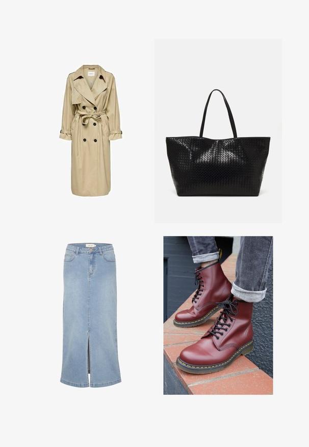 Trench coat beige con design doppiopetto, ampio colletto e cintura. Presenta maniche lunghe con polsini regolabili e tasche laterali.; Maglione crema a costine con maniche lunghe, polsini e orlo a coste, caratterizzato da un piccolo logo ricamato sul lato sinistro del petto.; Gonna midi in denim blu chiaro con spacco frontale, taglio dritto, design classico a cinque tasche e finitura scolorita. Presenta un'etichetta bianca del marchio.; Stivali in pelle bordeaux con lacci, punta arrotondata, lacci neri e cuciture gialle, poggiati su una superficie di mattoni.; Borsa tote nera intrecciata con due manici robusti, caratterizzata da una texture lucida e un ampio design a apertura aperta.