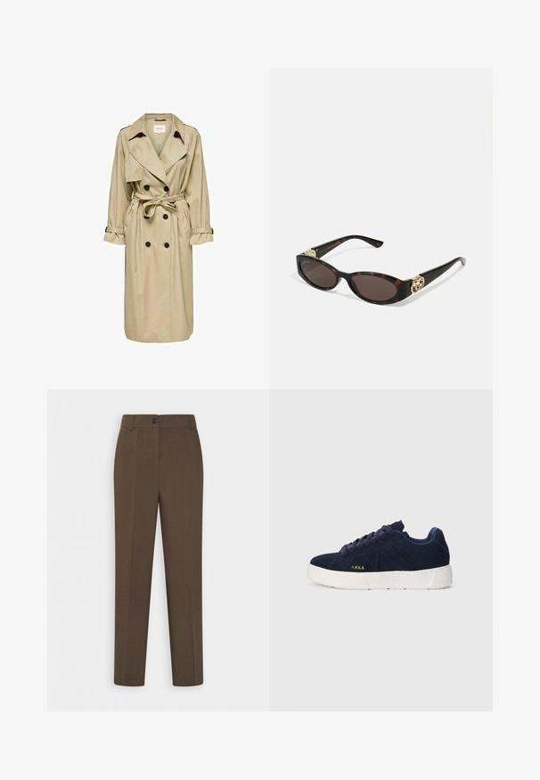 Bežs trenčkotā ar dubulto aproču dizainu, lielu apkakli un jostu. Tam ir garas piedurknes ar regulējamiem aproçiem un sānu kabatām.; Zilā svītrota krekls ar pogām, ar apkakli, garām piedurknēm un izliekumu apakšmalā. Audums izskatās gluds un viegls. Pogājamā aizdare priekšā.; Taisni brūni bikses ar jostu cilpām un vienu priekšējo pogu, attēlotas uz balta fona.; Jūras zila zamša sporta apavi ar baltu gumijas zoli. Iespējas ar noapaļotām šņorēm, zemu profilu un mazu zelta logo uz sāniem.; Tīģerbrūnā sauļošanās brillēm ar izstieptām ovālām lēcām, brūnu tonējumu, zeltītiem logotipa akcentiem uz tempļiem un plānām melnām kājām.