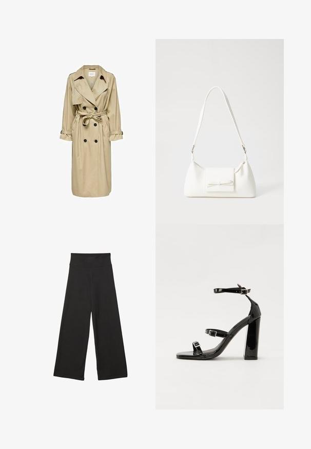 Beige Trenchcoat mit doppelt geknöpftem Design, großem Kragen und Gürtel. Verfügt über lange Ärmel mit verstellbaren Manschetten und seitlichen Taschen.; Weißes T-Shirt aus weichem, leichtem Stoff. Mit runder Halslinie und kurzen, weit geschnittenen Ärmeln für einen lässigen Sitz. Keine sichtbaren Muster.; Schwarze weit geschnittene Hosen mit einem hohen elastischen Bund, weichem Stoff und lockerer Passform, geeignet für legere Anlässe oder entspannte Umgebungen.; Schwarze patentierte Sandalen mit Absatz, quadratischer Spitze, Knöchelriemen und silbernen Schnallen. Mit einem stabilen Blockabsatz für mehr Stabilität.; Weiße synthetische Handtasche in dreieckiger Form, flache Vorderklappe und Schleifendetail, verstellbarer Trageriemen, glatte Textur und minimalistisches Design.