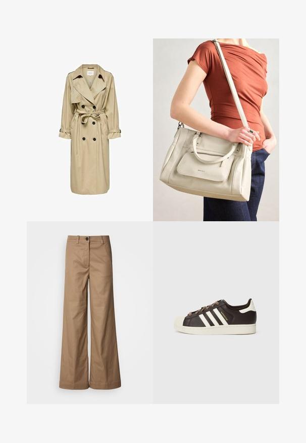 Beez trench coat topeltöödeldud disainiga, suure kraega ja vööga. Omab pikki varrukaid, millele on reguleeritavad mansetid, ning küljetaskut.; Kerge tekstuuriga valgest kangast pikkade varrukatega topp, millel on ümmargune kaelus ja väike rinnatasku. Aserv asub puusataseme kõrgusel.; Laiad püksid, valmistatud siledast helepruunist kangast. Omavad eesmine nupukoht, vöökohad ja küljetaskud. Puhtad jooned, ilma nähtavate mustriteta.; Madala Adidas Superstar toss tumepruunist nahast, kreemika kestkaare, valgete triipude ja küljele kantud "Superstar" tekstiga.; Valge nahast käekott kahe käepidemega ja eemaldatava rihmaga, millel on eesmine lukuga tasku ja sile tekstuur. Kandub inimese käe peal.