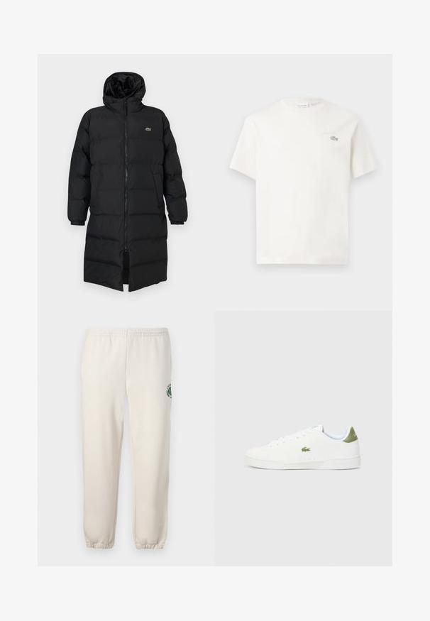 Casaco puffer preto com capuz, apresentando um fecho de correr completo, mangas longas e um design até ao joelho. Textura suave e acolchoada com detalhe do logotipo.; T-shirt de algodão branco com mangas curtas, apresentando um discreto logótipo bordado e um design minimalista. Textura suave, decote redondo.; Sweatpants beige claros feitos de algodão, com um cós elástico, punhos canelados e um logótipo verde com desenho de folha na perna esquerda.; Tênis brancos com uma textura suave, apresentando um detalhe verde no calcanhar e um pequeno logotipo de crocodilo bordado na lateral.