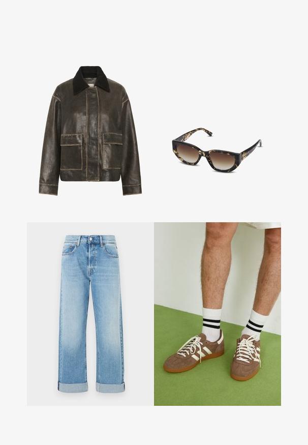 Brun läderjacka med svart manchesterkrage, boxig design, två framfickor med patch och synliga sömnadsdetaljer.; Långärmad blå denimskjorta med tryckknappar, två bröstfickor och spetsig krage, liggande plant på vit bakgrund.; Ljusblå denimjeans med rak benform, som har fem fickor, knappstängning och uppvikta fållar.; Bruna mockaskor med vita detaljer och snören. Gummisula i beige. Bärs med vita strumpor med svarta ränder. Grön strukturerad golvyta.; Bruna och svarta sköldpaddsmycket solglasögon med vinkelresponsform, gradientlinser och tjocka bågar. Logotyp tryckt på skalmarna.