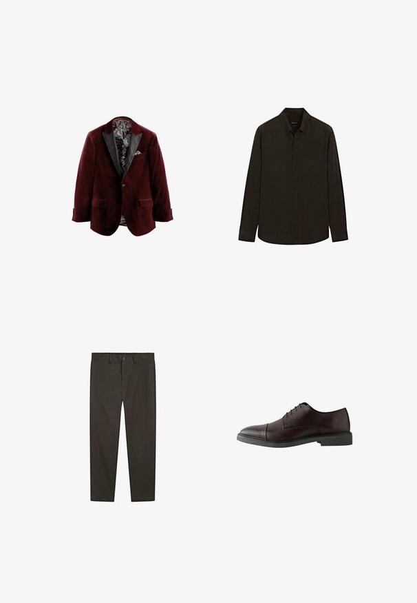 Blazer in velluto borgogna con rever in satin nero, fodera interna a motivo e dettaglio della pochette. Presenta due tasche frontali e chiusure a bottone.; Camicia button-up a maniche lunghe color marrone scuro con colletto, texture morbida e taglio dritto. Presenta bottoni frontali e polsini a cuffia.; Pantaloni marroni scuri realizzati in un tessuto liscio. Caratterizzati da una chiusura con bottone, passanti per cintura e due tasche laterali. Design a gamba dritta.; Scarpa in pelle bordeaux scuro con lacci, punta arrotondata, suola nera piatta, dettagli di cucitura minimi e texture liscia.