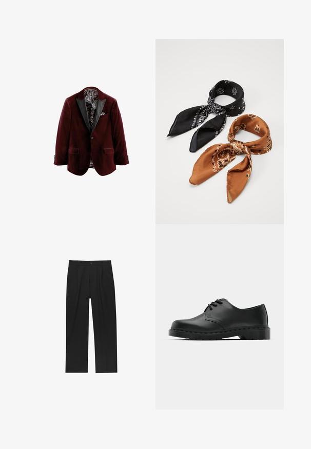 Burgundi samet blazer, jossa on mustat satiiniset kaulukset, kuviollinen vuorikangas ja nenäliina yksityiskohtana. Siinä on kaksi etutaskua ja nappikiinnitykset.; Valkoinen pitkähihaisa nappipusero, joka on valmistettu sileästä kankaasta. Siinä on klassinen kaulus, napitus edessä ja yksinappiset hihansuut. Slim fit -muotoilu.; Mustat housut suoranlahkeisella muotoilulla, valmistettu sileästä kankaasta. Ominaisuuksiin kuuluu etupleateet ja yksi nappikiinnitys vyötäröllä.; Musta nahkainen oxford-kengät, joissa on nauhakiinnitys, pyöreä kärki, litteä kumipohja ja hillitty ompelutaito yläosassa.; Kaksi kuvioitua huivia: toinen musta valkoisilla kuvioilla, toinen ruskea oransseilla yksityiskohdilla. Molemmat ovat satiinia, ja niissä on terävät päät.