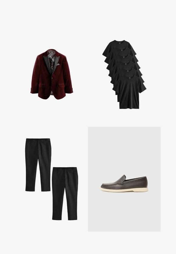 Burgundowa aksamitna marynarka z czarnymi satynowymi klapami, wzorzystą podszewką oraz detalem w postaci chusteczki w kieszeni. Posiada dwie przednie kieszenie oraz zapięcia na guziki.; Zestaw sześciu czarnych t-shirtów z krótkim rękawem wykonanych z bawełny, z okrągłym dekoltem i prostym u dołu, o gładkiej fakturze.; Czarne eleganckie spodnie o gładkiej fakturze, z prostym krojem nogawki i średnim stanem. Pokazane są dwie pary, z czego jedna jest ścięta.; Brązowe skórzane buty wsuwane z teksturowaną powierzchnią i kontrastującą jasnobeżową podeszwą, z zaokrąglonym noskiem i minimalnymi detalami szwów.