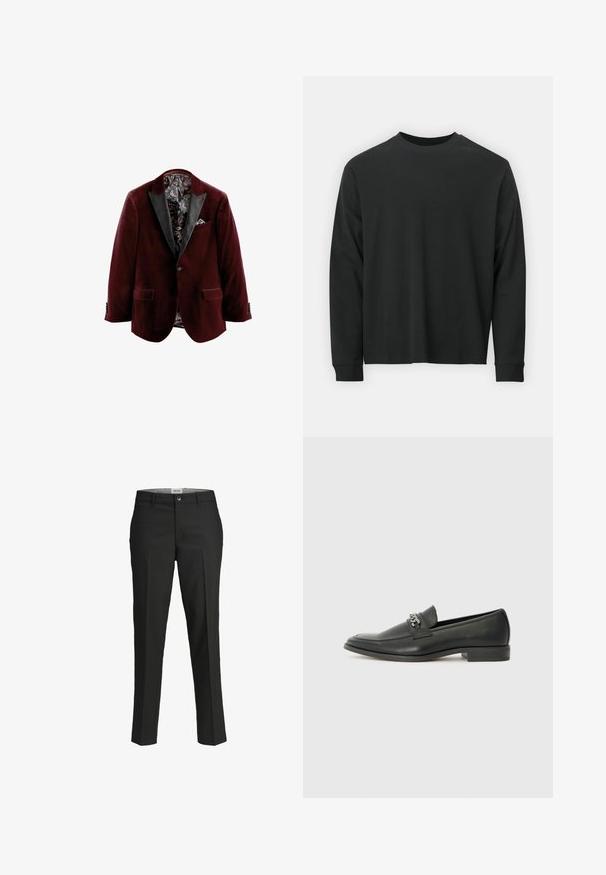 Blazer de terciopelo burdeos con solapas de satén negro, forro interior de patrones y un detalle de pañuelo de bolsillo. Presenta dos bolsillos frontales y cierres de botón.; Camiseta negra de manga larga, hecha de algodón, con escote redondo, corte holgado y puños acanalados. Textura suave sin patrones visibles.; Pantalones negros, corte entallado, tejido suave, cintura de altura media, cierre frontal de botón, bolsillos diagonales y detalles de pliegues a lo largo de las piernas.; Mocasín de cuero negro con un acabado suave, que cuenta con un diseño de costura y un acento decorativo de cadena de metal en el empeine. Tacón plano.