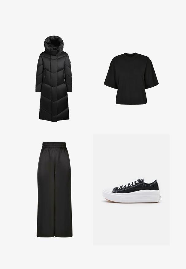 Langer schwarzer Daunenmantel mit Chevron-Muster, Kapuzenkragen und seitlichen Reißverschluss-Taschen. Glatte, glänzende Struktur.; Schwarzes, kurz geschnittenes T-Shirt aus Baumwolle. Hat kurze Ärmel und einen runden Halsausschnitt. Glatte Textur mit einem schlichten Design, ohne zusätzliche Muster.; Schwarze, weit geschnittene Hosen aus glattem, glänzendem Stoff mit elastischem Bund und ohne sichtbare Taschen oder Metallteile.; Schwarze Canvas-Sneaker mit weißen Schnürsenkeln, weißer Gummikappe und einer massiven weißen Zwischensohle. Besondere Merkmale sind dezente weiße Nähte und eine Gummisohle.