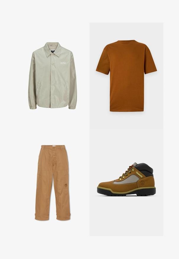 Vaaleanbeige takki, joka on valmistettu sileästä ja kevyestä kankaasta. Varustettu kauluksella, etupainikkeilla, sivutaskuilla ja ribbauskärjillä. Rintamuksessa painettu logo.; Lyhythihainen t-paita poltetun oranssin väristä puuvillaa. Ominaisuuksiin kuuluu pyöreä kaula-aukko, rento istuvuus ja sileä pinta, ilman kuvioita tai koristeita.; Kahki työhousut, jotka on valmistettu kestävästä kankaasta, sisältävät useita taskuja, napin kiinnityksen ja kirjailtua logoa reisissä.; Ruskeat vaelluskengät, joissa on harmaita ja mustia yksityiskohtia, teksturoitu nahkapinta, metalliset nauhakuviot ja kestävä kumipohja tarjoamaan pitoa.