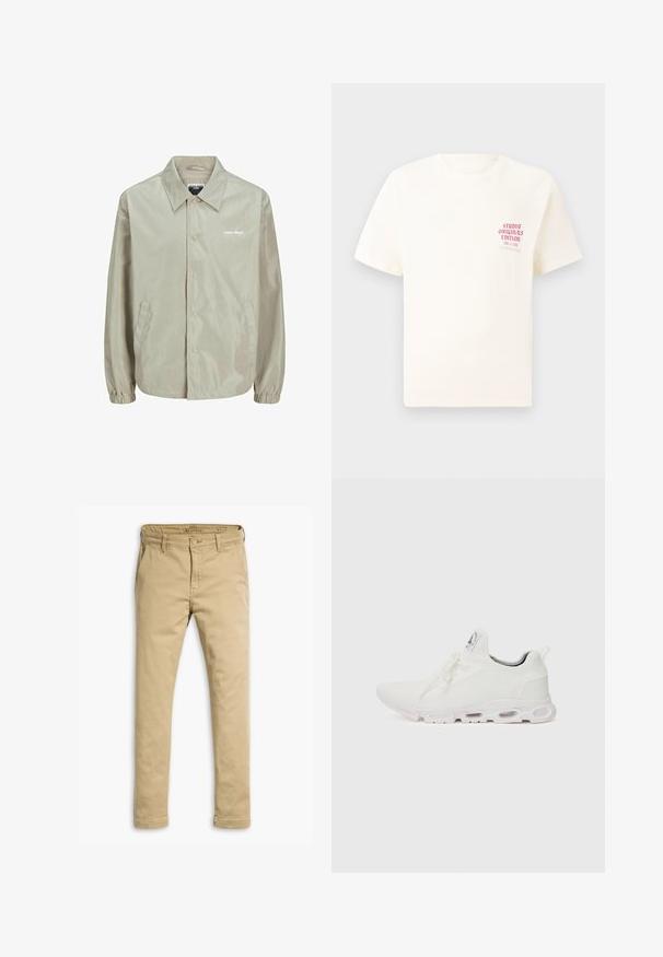 Lys beige jakke lavet af glat, let materiale. Har krave, frontknapper, sidelommer og ribbede manchetter. Trykt logo på brystet.; Hvid kortermet T-shirt med rød tekst "Studio Originals Edition" på venstre bryst, vist på en neutral grå baggrund.; Tan chinos lavet af bomuld, med et lige ben design, for- og baglommer samt en knaplukning med bæltestropper.; Hvide atletiske sko med en tekstureret strikket overdel, flade snørebånd og en polstret sål med synlige luftkamre for ekstra støtte.