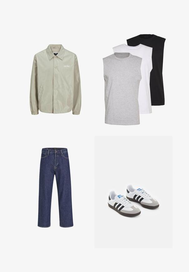 Lichtbeige jas gemaakt van glad, lichtgewicht materiaal. Voorzien van een kraag, knopen aan de voorkant, zijzakken en ribgebreide manchetten. Bedrukt logo op de borst.; Drie mouwloze T-shirts in grijs, wit en zwart. Zacht katoenmateriaal met een ronde hals en een relaxte pasvorm. Eenvoudig ontwerp, geen patronen.; Donkerblauwe spijkerbroek met een rechte snit, vijf zakken, een metalen knoopsluiting en contrasterende stiksels, met een subtiele textuur.; Sportschoenen met een witte leren bovenkant, grijze suède neus en drie zwarte strepen. Bevat een blauw logo op de tong en een gestructureerde rubberen zool.