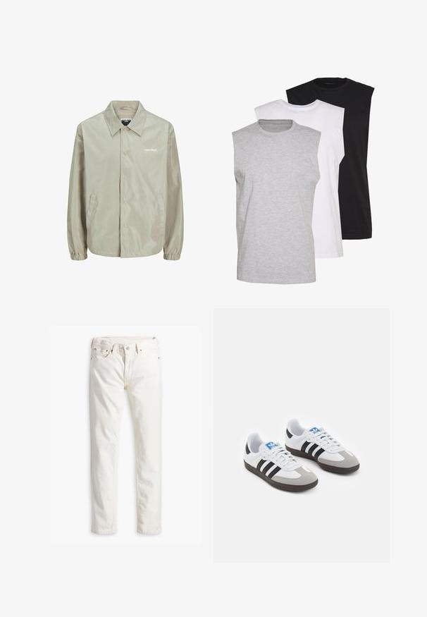 Lys beige jakke lavet af glat, let materiale. Har krave, frontknapper, sidelommer og ribbede manchetter. Trykt logo på brystet.; Tre ærmeløse t-shirts i grå, hvid og sort. Blødt bomuldsmateriale med rund hals og afslappet pasform. Enkel design, ingen mønstre.; Hvide denimjeans med lige snit, fem lommer, kobberknap og nitter samt et subtilt tekstureret stof. Ingen synlige mønstre.; Sportsko med en overdel i hvid læder, grå ruskind på tåen og tre sorte striber. Har et blåt logo på tungen og en struktureret gummisål.