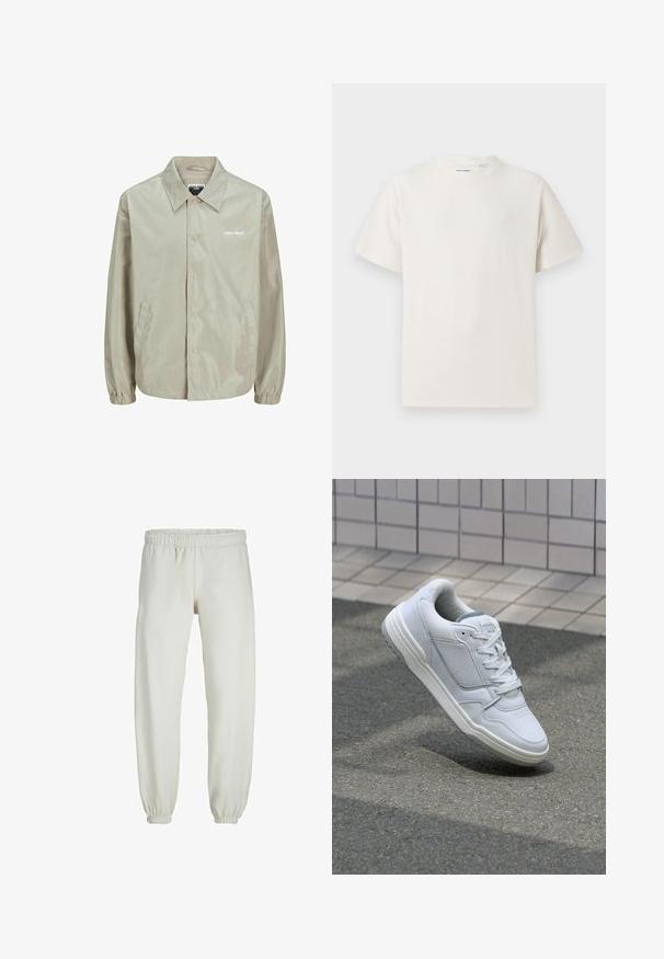 Jasno beżowa kurtka wykonana z gładkiego, lekkiego materiału. Posiada kołnierz, guziki z przodu, kieszenie po bokach oraz ściągacze u mankietów. Nadrukowane logo na klatce piersiowej.; Biała krótka koszulka z krótkim rękawem o żebrowanej fakturze. Okrągły dekolt, luźny krój, brak widocznych wzorów lub akcentów. Prosty i uniwersalny design.; Białe dresy wykonane z miękkiego materiału, z elastycznym pasem i mankietami, o gładkiej fakturze i luźnym kroju.; Białe skórzane trampki z perforowanymi bokami, teksturowanymi akcentami, płaskimi sznurowadłami i kontrastującym szarym obcasem. Posiadają lekko podniesioną podeszwę.
