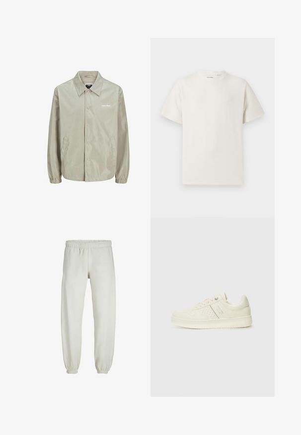 Light beige jacket made of smooth, lightweight fabric. Features a collar, front buttons, side pockets, and ribbed cuffs. Printed logo on chest.; White short-sleeve T-shirt in a ribbed texture. Round neckline, relaxed fit, no visible patterns or accents. Simple and versatile design.; White sweatpants made from soft fabric, featuring an elastic waistband and cuffs, with a smooth texture and loose-fitting design.; Cream-colored sneaker with perforated detailing, laces, and logo on the side, displayed against a plain white background.