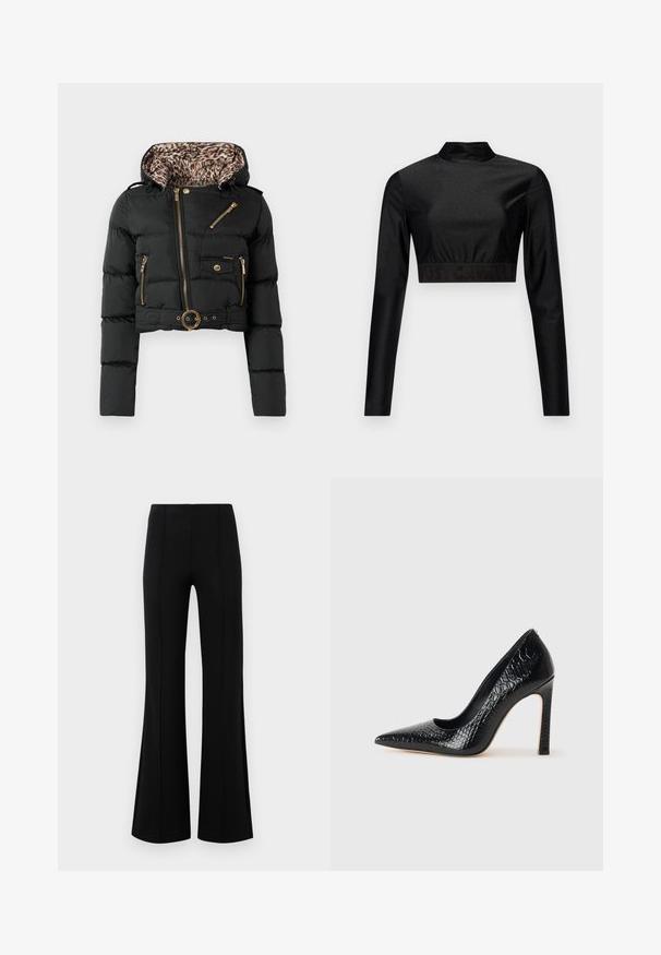 Čierna skrátená pérovka s kapucňou s leopardím vzorom, zlatými zipsami, vreckom na gombík a opaskom so zaoblenou sponou.; Čierny crop top vyrobený z lesklého materiálu s dlhými rukávmi a stojačikom. Obsahuje rebrový lem s logom "JUST CAVALLI" v čiernej farbe.; Čierne rozšírené nohavice s vysokým pásom, vyrobené z elastického materiálu. Obsahujú vertikálne švy na prednej strane a hladkú textúru.; Čierna lodička s špicatou špičkou a lakovanou textúrou krokodíla, s elegantným dizajnom, vysokým stiletto podpätkom a hladkým čiernym interiérom.