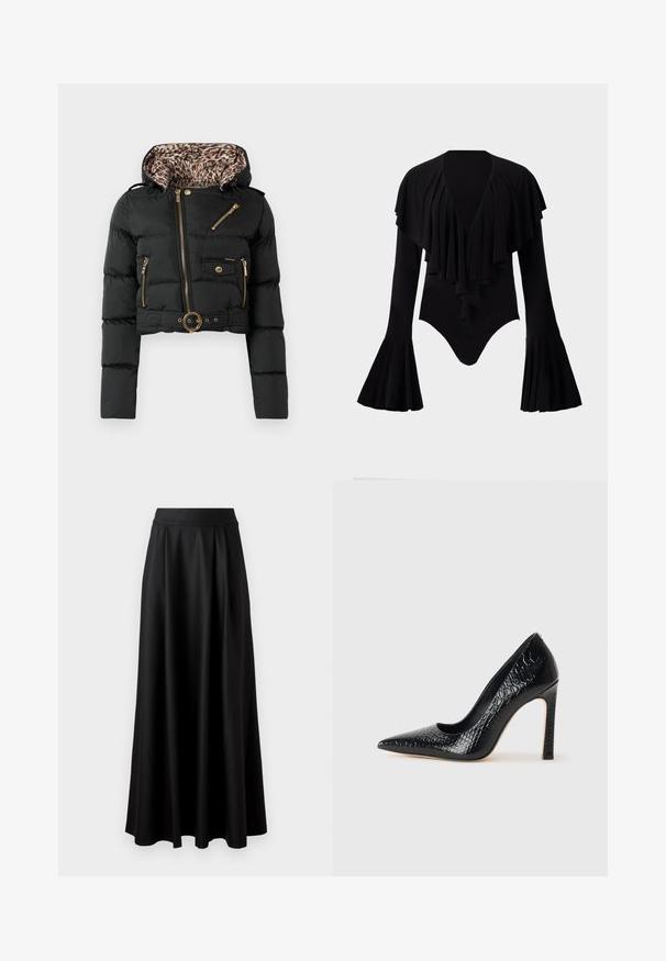 Melnā īsā pūkāņu jaka ar leoparda raksta kapuci, zelta rāvējslēdzējiem, pogu kabatu un jostu ar apaļu sprādzi.; Melnas garās piedurknes bodijs ar dziļu V-veida izgriezumu, sagatavotu svītru dizainu pāri krūtīm un zvana formas piedurknēm. Gluda, elastīga auduma.; Melnas, grīdai pieguļošas svārki ar gludu tekstūru, platām jostām un pleitu dizainu, bez redzamām apdrukām vai rotājumiem.; Melni augstpapēžu apavi ar norādītu purngalu, ar krokodila ādas tekstūru, izceļoties ar elegantu dizainu, augstu stiletto papēdi un gludu melnu interjeru.