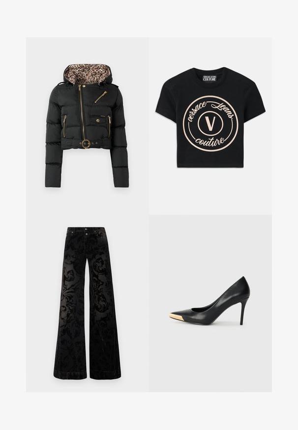 Jachetă puffer scurtă, neagră, cu căptușeală din blană de leopard la glugă, fermoare aurii, buzunar cu capse și talie ajustată cu curea și cataramă rotundă.; T-shirt negru din bumbac cu un mare logo circular bej, pe care se află inscripția "Versace Jeans Couture" și un "V" central, scris cu un font elegant. Mâneci scurte.; Pantaloni negri cu croială largă din catifea cu model, având un design texturat în formă de spirală, doi nasturi în față și un stil clasic de denim.; Pantofii cu toc înalt din piele neagră, cu vârful ascuțit; prezintă un accent metalic aurit pe capacul degetului. Suprafață netedă cu un design elegant.