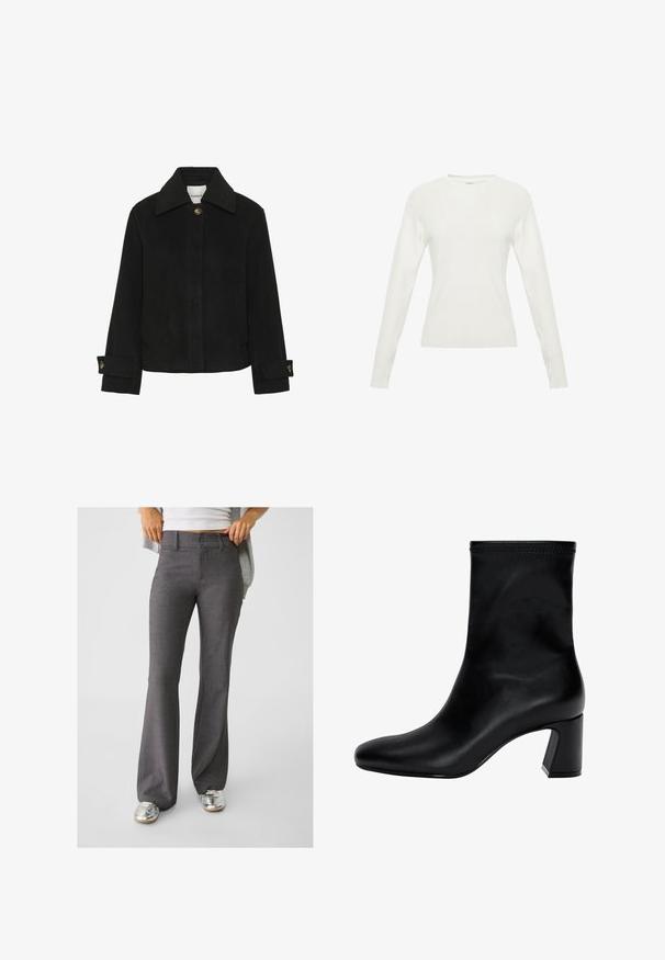 Černá bunda vyrobená z měkké látky, klasického střihu s límcem, zapínáním na knoflíky, postranními kapsami a detaily na manžetách se zlatými knoflíky.; Bílý svetr s dlouhým rukávem, ribbovanou texturou, kulatým výstřihem a přiléhavým střihem. Obsahuje jemné švy na těle.; Šedé kalhoty s rozšířenými nohavicemi vyrobené z texturované látky, s dvoubodovým zapínáním a poutky na opasek, kombinované se stříbrnými lesklými teniskami.; Černé kotníkové boty vyrobené z hladké kůže. Mají čtveratou špičku, elastický vršek a masivní podpatek pro stabilitu. Minimalistický design.