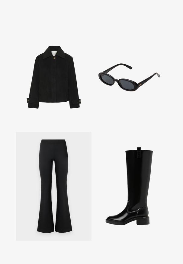 Čierna bunda z mäkkej tkaniny s klasickým golierom, zapínaním na gombíky, bočnými vreckami a detailmi na rukávoch so zlatými gombíkmi.; Čierny rolák vyrobený z mäkkej pleteniny. Má dlhé rukávy a priliehavý strih s rovnou spodnou líniou.; Čierne rozšírené nohavice vyrobené z hladkej, elastickej látky. Majú vysoký pás a rozšírené okraje pre priliehajúci vzhľad. Jednoduchý dizajn.; Čierne kožené kozačky po kolená s lesklým povrchom, zaoblenou špičkou, malým blokovým podpätkom a sťahovacou pútkom na zadnej strane. Švy zvýrazňujú dizajn.; Čierne oversized slnečné okuliare s oválnymi šošovkami, hladkým plastovým rámom a zlatými akcentmi na straniciach. Tmavé šošovky poskytujú ochranu pred slnkom.; Čierna prešitá dámska kabelka so zlatým trojuholníkovým logom, s dvojitým reťazovým popruhom a hladkým koženým povrchom. Oblý tvar s klopnou na zatváranie.