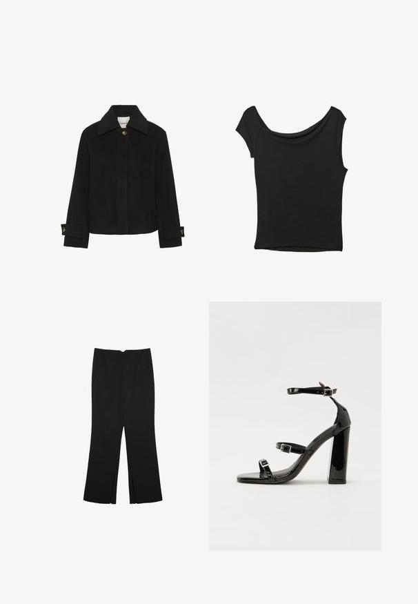 Musta takki, joka on valmistettu pehmeästä kankaasta, klassisella kauluksella, nappikiinnityksellä, sivutaskuilla ja hihansuiden yksityiskohdissa on kullansävyiset napit.; Musta lyhythihainen paita, joka on valmistettu sileästä kankaasta; siinä on laskeutuva kaula-aukko ja epäsymmetrinen helma, sekä istuva malli.; Mustat housut suoralinjaisella leikkauksella, joissa on etutaskut ja sivurei'ät helman alla. Valmistettu pehmeästä ja sileästä kankaasta. Sopii eri tilaisuuksiin.; Musta kiiltävä korkokenkä sandaalit neliönmuotoisella varpaalla, nilkkaremmillä ja hopeisilla soljilla. Varustettu tukevalla lohkokorkealla vakauden takaamiseksi.