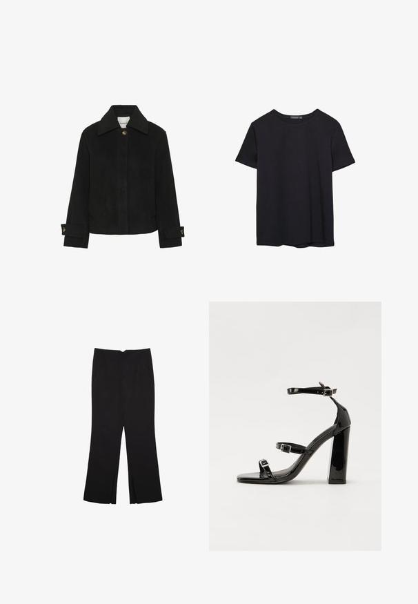 Černá bunda vyrobená z měkké látky, klasického střihu s límcem, zapínáním na knoflíky, postranními kapsami a detaily na manžetách se zlatými knoflíky.; Jednoduché černé bavlněné tričko s krátkým rukávem a kulatým výstřihem, vystavené na bílém pozadí.; Černé kalhoty s rovným střihem, s předními kapsami a bočními rozparky na lemu. Vyrobené z jemné, hladké tkaniny. Vhodné na různé příležitosti.; Černé lakované sandály na podpatku se čtveratou špičkou, lýtkovými pásky a stříbrnými přezkami. Disponují masivním blokovým podpatkem pro stabilitu.