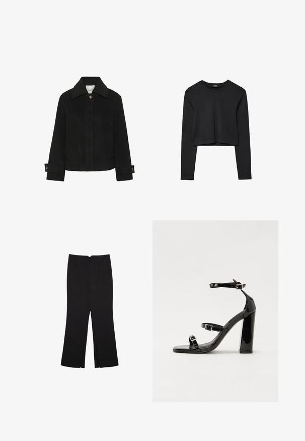 Črna jakna iz mehkega blaga s klasičnim ovratnikom, sprednjim gumbom, stranskimi žepi in podrobnostmi na manšetah, okrašenimi z gumbi v zlati barvi.; Črna dolgi rokavi prerezana majica s krožnim izrezom, enostaven dizajn in rahlo ukrivljen rob.; Črne hlače ravnega kroja z naglavnimi žepi in stranskimi razporki na robu. Narejene iz mehke, gladke tkanine. Primerne za različne priložnosti.; Črne lakirane sandale s peto, kvadratnim prstom, trakovi okrog gležnja in srebrnimi zaponkami. Opremljene so s stabilno Debelo peto.