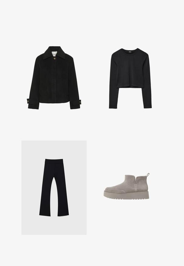 Črna jakna iz mehkega blaga s klasičnim ovratnikom, sprednjim gumbom, stranskimi žepi in podrobnostmi na manšetah, okrašenimi z gumbi v zlati barvi.; Črna dolgi rokavi prerezana majica s krožnim izrezom, enostaven dizajn in rahlo ukrivljen rob.; Črne joga hlače z visokim pasom, narejene iz raztegljive tkanine, z obliko krila noge in gladko teksturo po celotnem obsegu.; Sivi nubuk čevelj do gležnjev z nizkim profilom, elastičnimi stranskimi paneli in teksturirano gumijasto podplato. Ima zanko za enostavno oblačenje.
